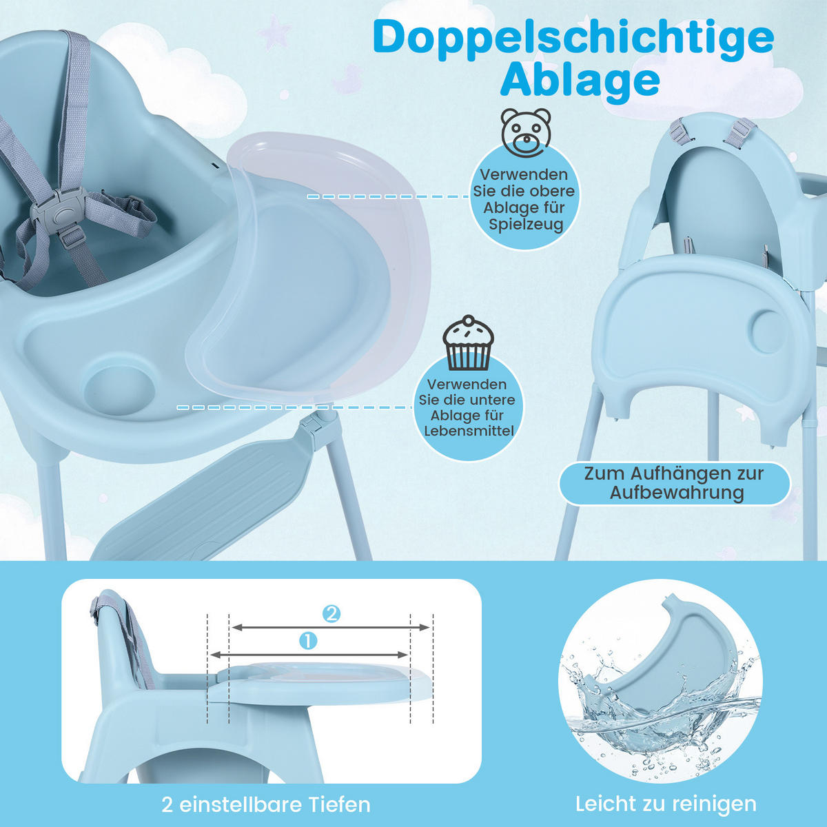 KINDERHOCHSTUHL aus Metall blau - Blau, Metall (56/56.5/46cm) - COSTWAY