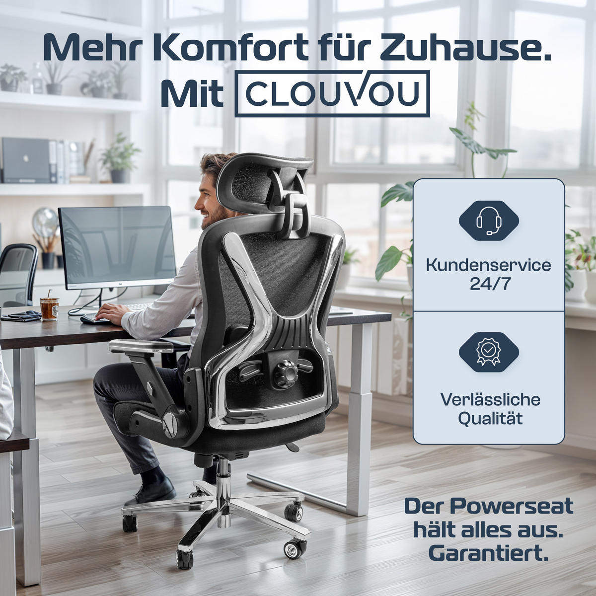 BÜROSTUHL PowerSeat Schwarz - Silberfarben/Schwarz, Kunststoff/Textil (74/135/74cm) - Clouvou