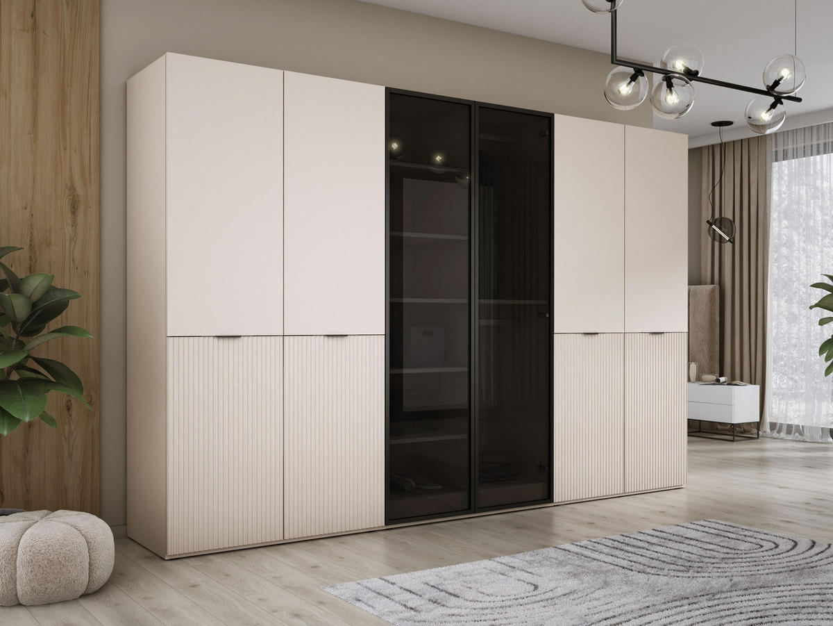 KLEIDERSCHRANK, Sandbeige / Antisol Glas / Sandbeige, 300 x 200 x 51 cm - Sandfarben/Schwarz, Holzwerkstoff (300/200/51cm) - 3XE LIVING