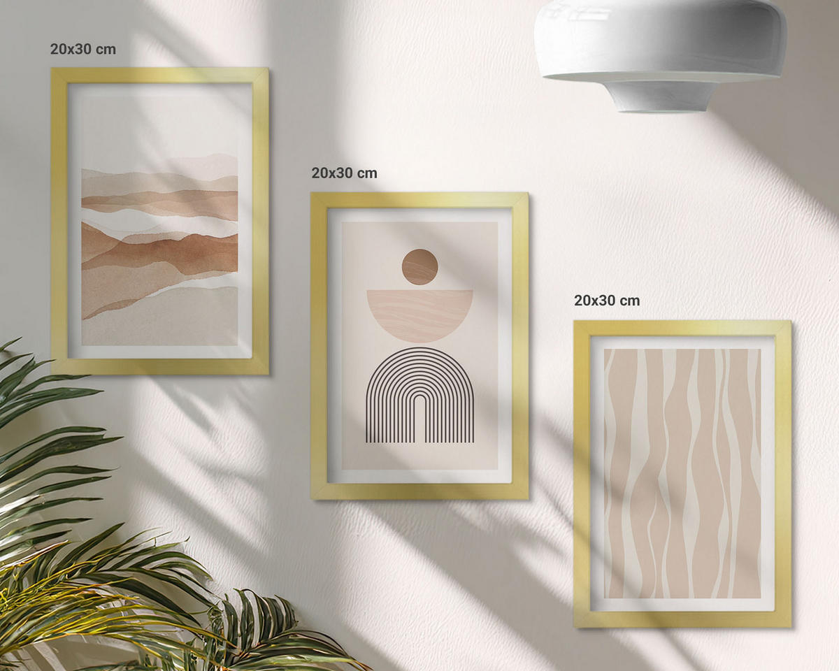 WANDBILDER 3er Set - 20x30 cm Goldrahmen - Abstrakte Landschafts- und Naturgeometrie - Goldfarben, Kunststoff (20/30cm) - ArtPrintCave