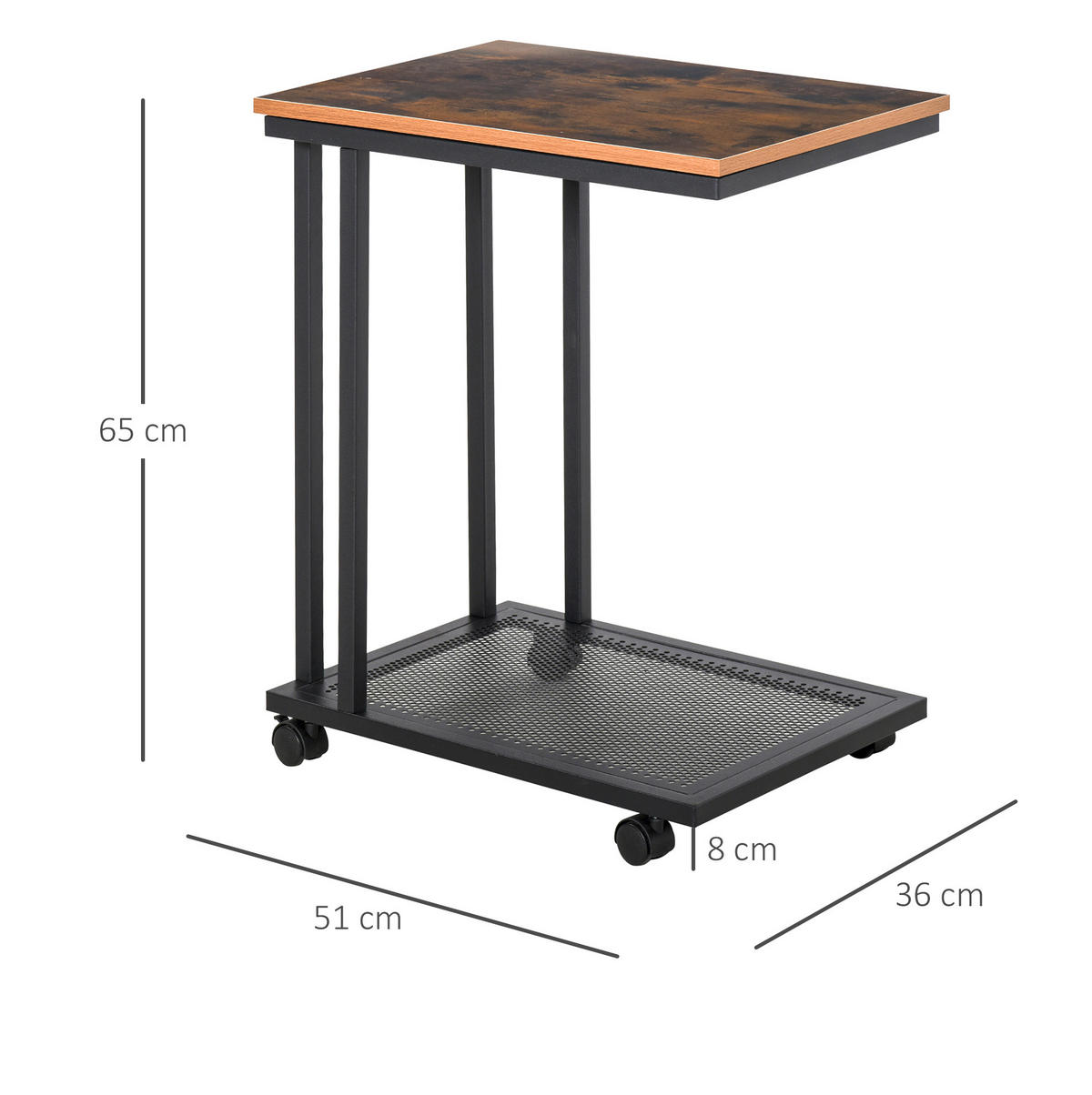 BEISTELLTISCH 51/36/65 cm mit Rollen und C-Form aus MDF und Stahl im Retro-Look, Schwarz - Schwarz, Holzwerkstoff (51/36/65cm) - Redom