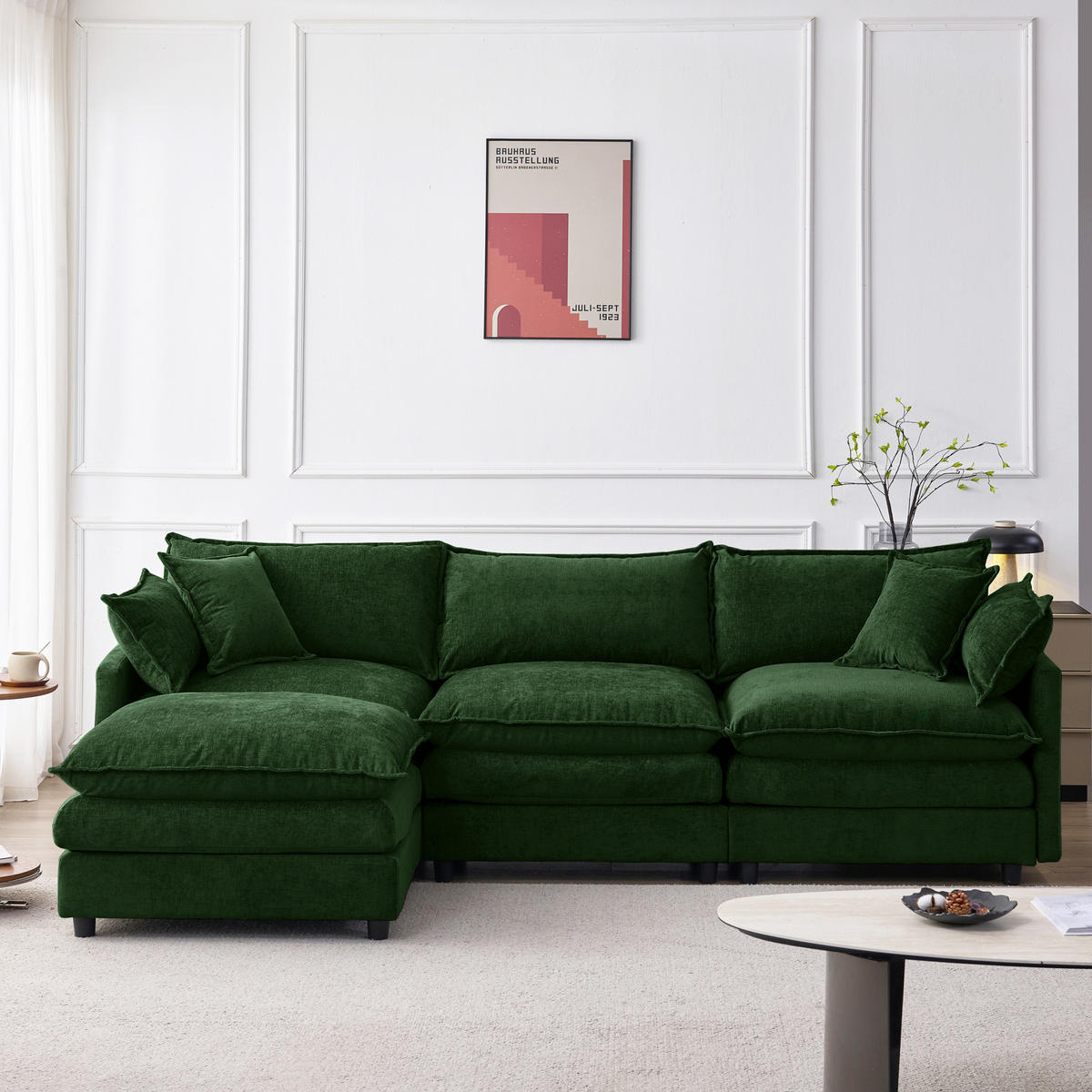 ECKSOFA 3-Sitzer mit Hocker, modulares Design und Chenille-Bezug, Grün - Grün, Textil (267/154cm) - Redom