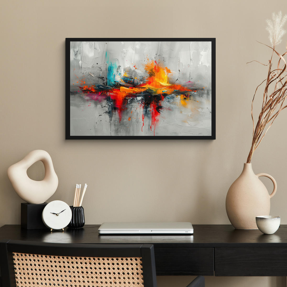 ZARÁMOVANÝ PLAGÁT Moderné umenie - Oranžová - Sivá - Abstraktné 60x40 cm - svetlosivá, papier (60/40cm) - MuchoWow