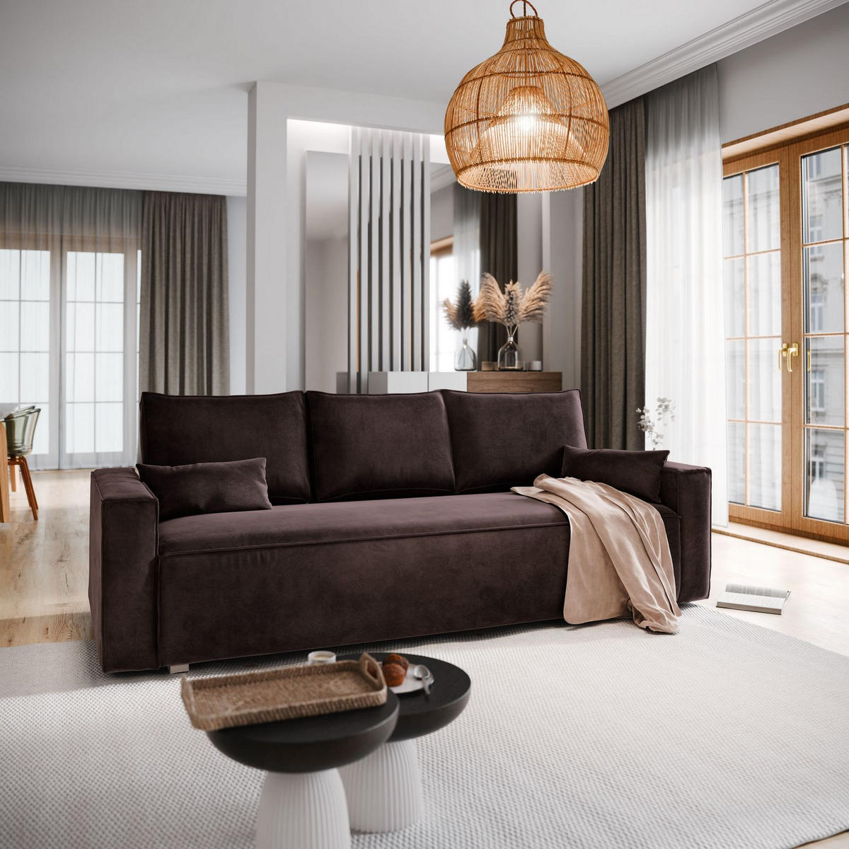 BETTSOFA ALATRI Braun Velours-Stoff mit Schlaffunktion - Braun, Textil (230/85/87cm) - MASSENO