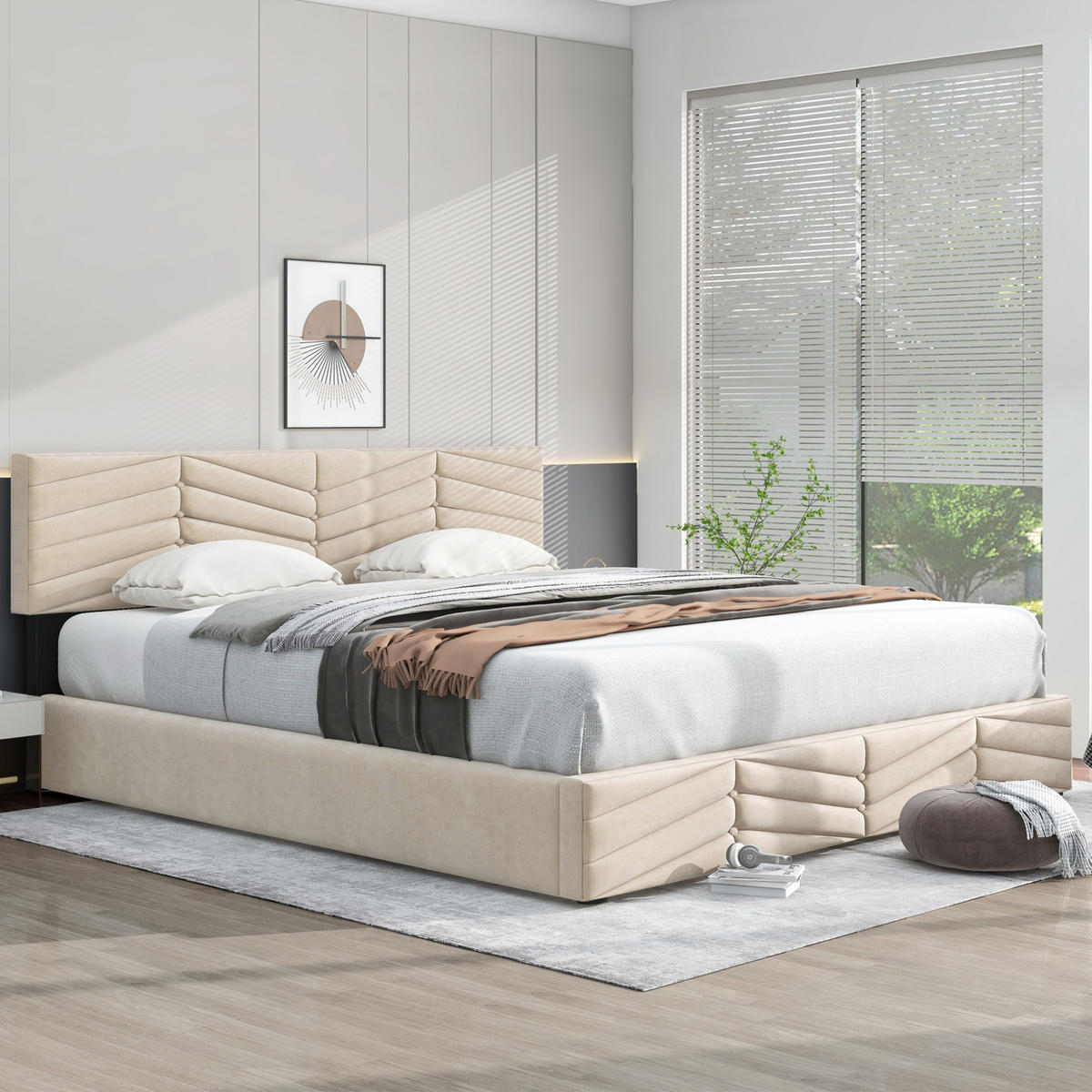 POLSTERBETT 160/200 cm in Beige aus Samt mit Bettkasten und verstellbarem Kopfteil - Beige, Textil (160/200cm) - Flora Grace