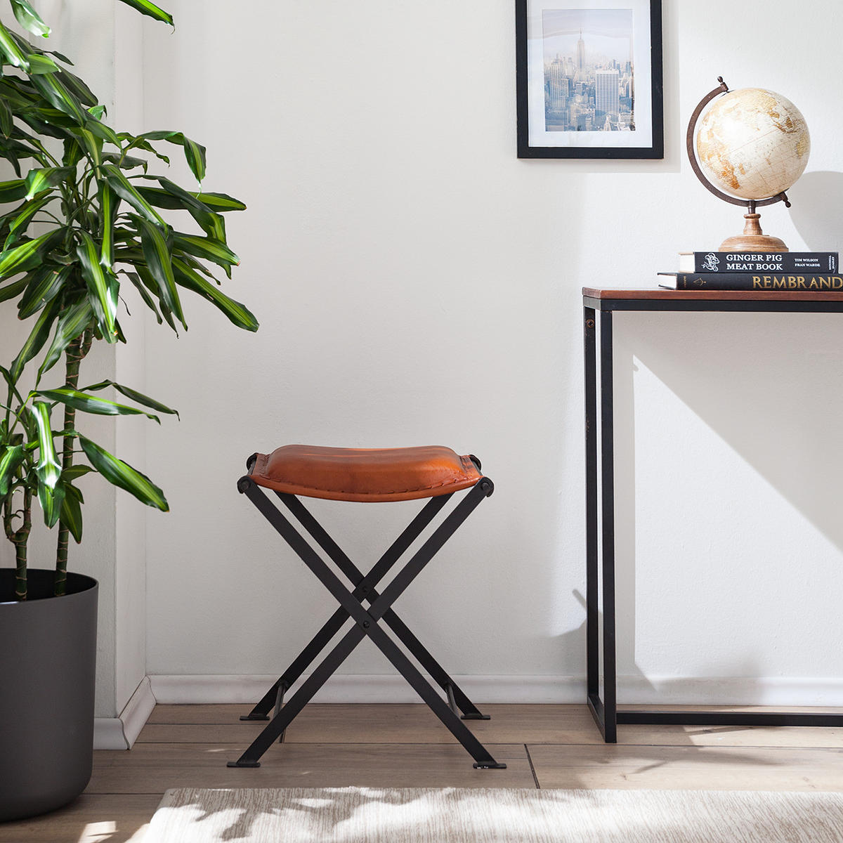 HOCKER - Echtleder / Metall, Cognac / Schwarz - Cognac, Leder (45/50/40cm) - home24