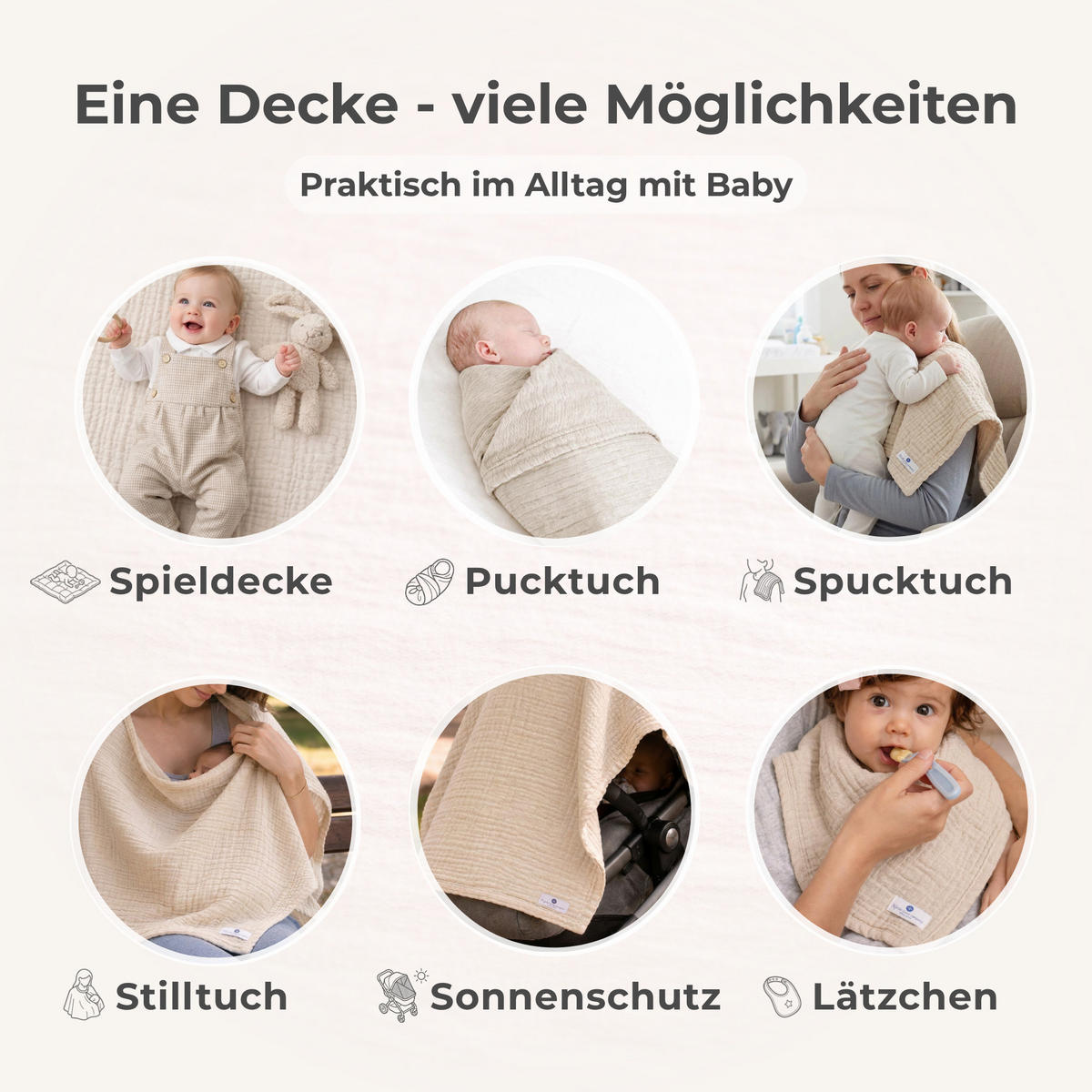 MUSSELINDECKE Babydecke Stilltuch Einschlagdecke Säuglingsdecke Mulltuch ab Geburt - Naturfarben, Textil (80/80cm) - nordic coast company