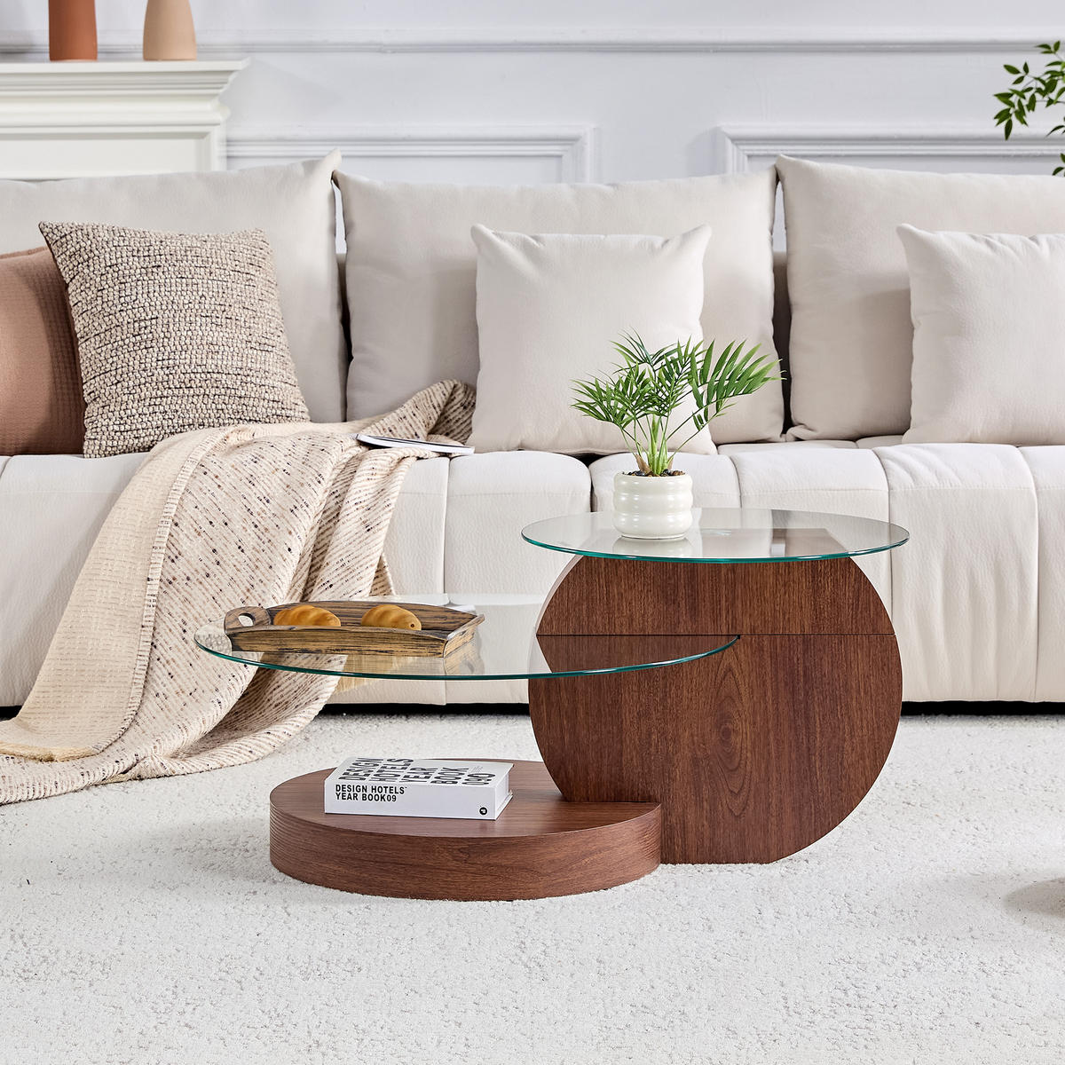 COUCHTISCH in Walnussfarbe Wohnzimmertisch mit zwei Ebenen aus Sicherheitsglas für Wohnzimmer, B90/T70/H44 cm - Transparent/Walnussfarben, Glas/Holzwerkstoff (90/90/44cm) - STILVORA