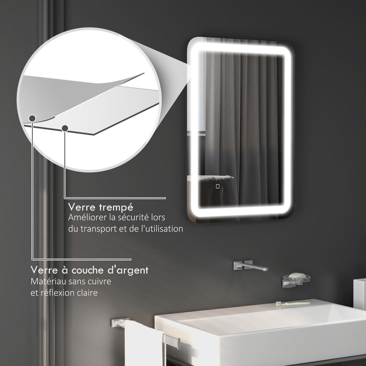 BADEZIMMERSPIEGEL DE-15140 50/70 cm mit Antibeschlag Silber - Silberfarben, Glas (70/4/50cm) - ComfortXL