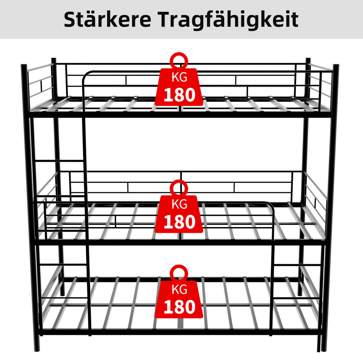 ETAGENBETT Dreifach Metall - Schwarz, Metall (90/190cm) - ComfortXL