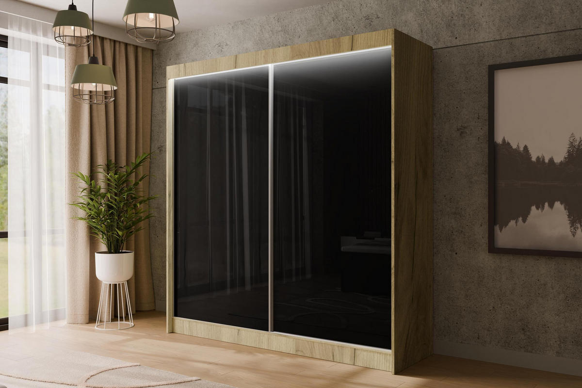 KLEIDERSCHRANK PEKA mit LED - 200 cm - Eichefarben|Schwarz - Eichefarben/Schwarz, Holzwerkstoff (200/215/61cm) - ALTDECOR