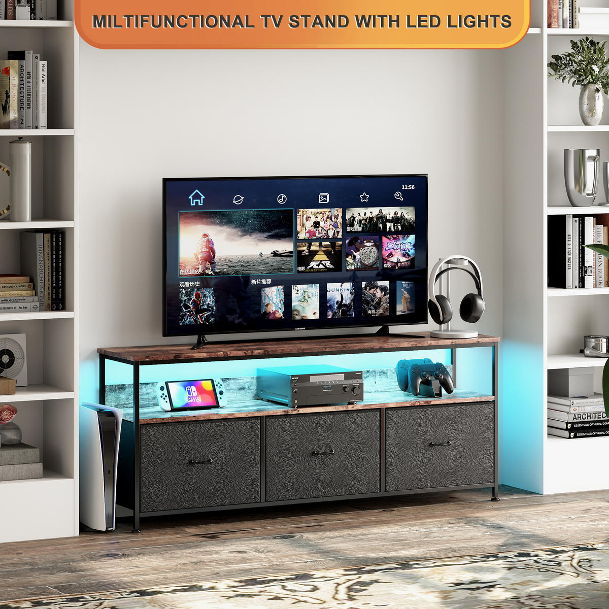 TV-SCHRANK 137 cm mit LED, 3 Stoffschubladen & Offene Fächer - Schwarz, Holz (30/57/137cm)