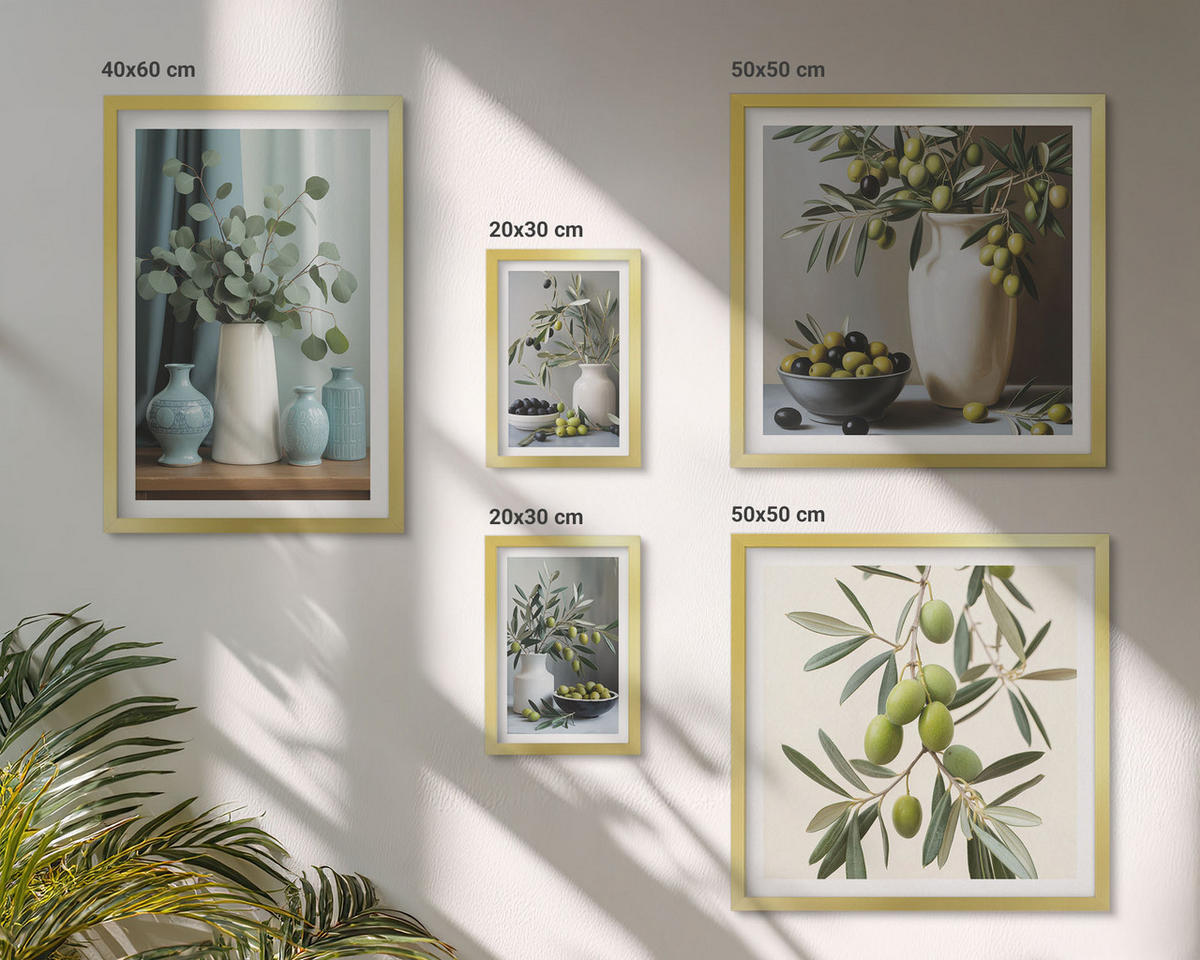 BILDER SET 5er Set - 50x50 cm & 20x30 cm & 40x60 cm Goldrahmen - Oliven in Vasen in gedeckten Farben - Goldfarben, Kunststoff (40/60cm) - TULUP