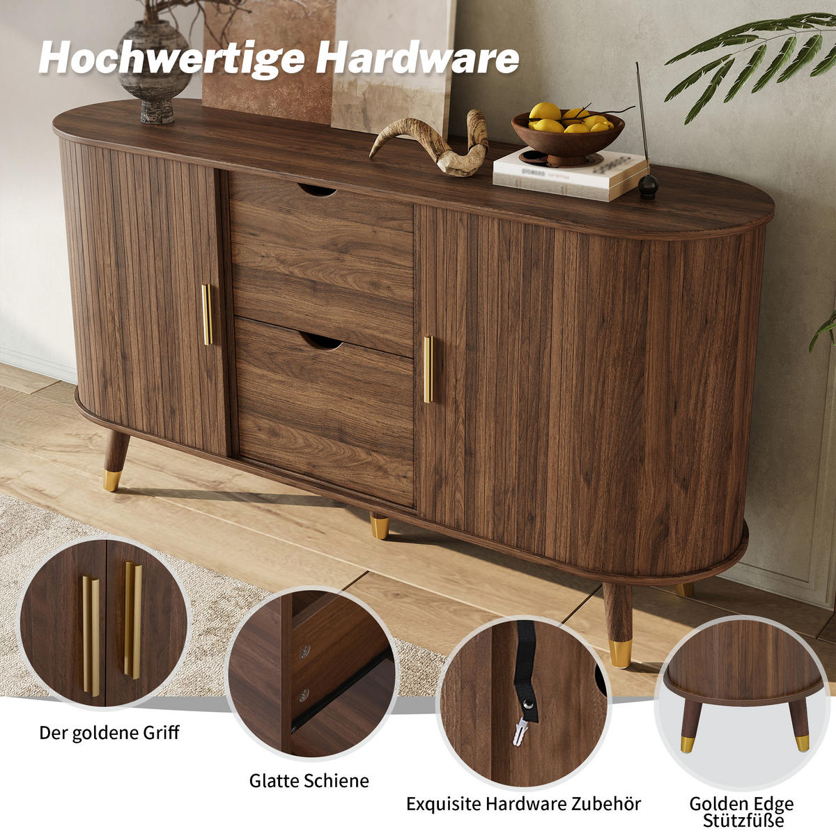 SIDEBOARD vertikale Maserung Schiebetüren 2 Schubladen modern - Walnussfarben, Holzwerkstoff (40/79.5/140cm) - FLIEKS