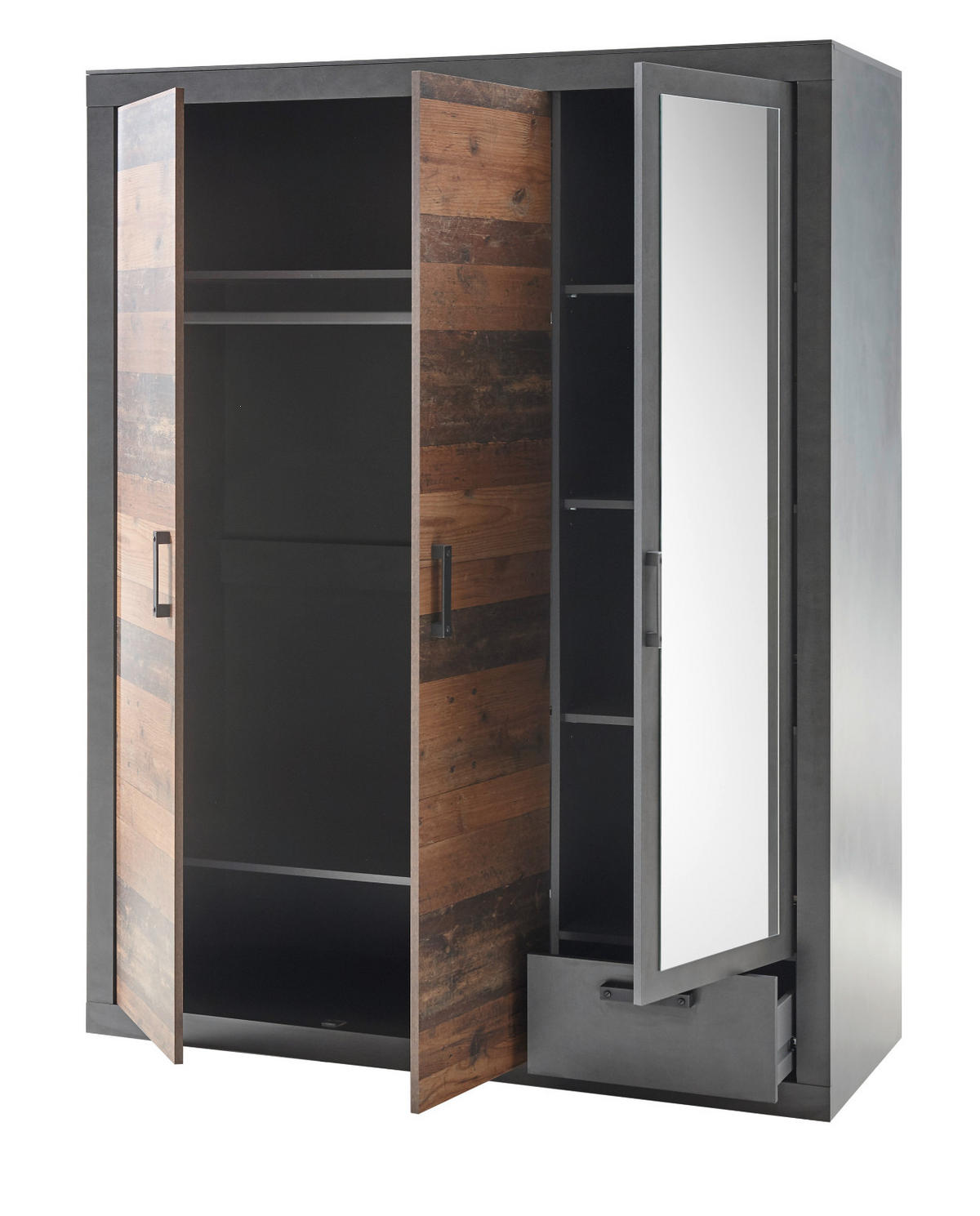 KLEIDERSCHRANK Old Used Wood Shabby Design mit grau, Drehtürenschrank 3-türig mit Spiegel, 150 x 201 cm - Braun/Grau, Holzwerkstoff/Kunststoff (150/201/62cm) - Furn.Design