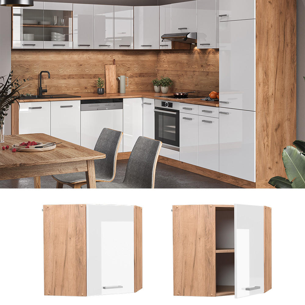 ECKHÄNGESCHRANK R-Line Weiß Hochglanz 57 cm - Honigeiche/Weiß Hochglanz, Holzwerkstoff (57/60/34.1cm) - Vicco