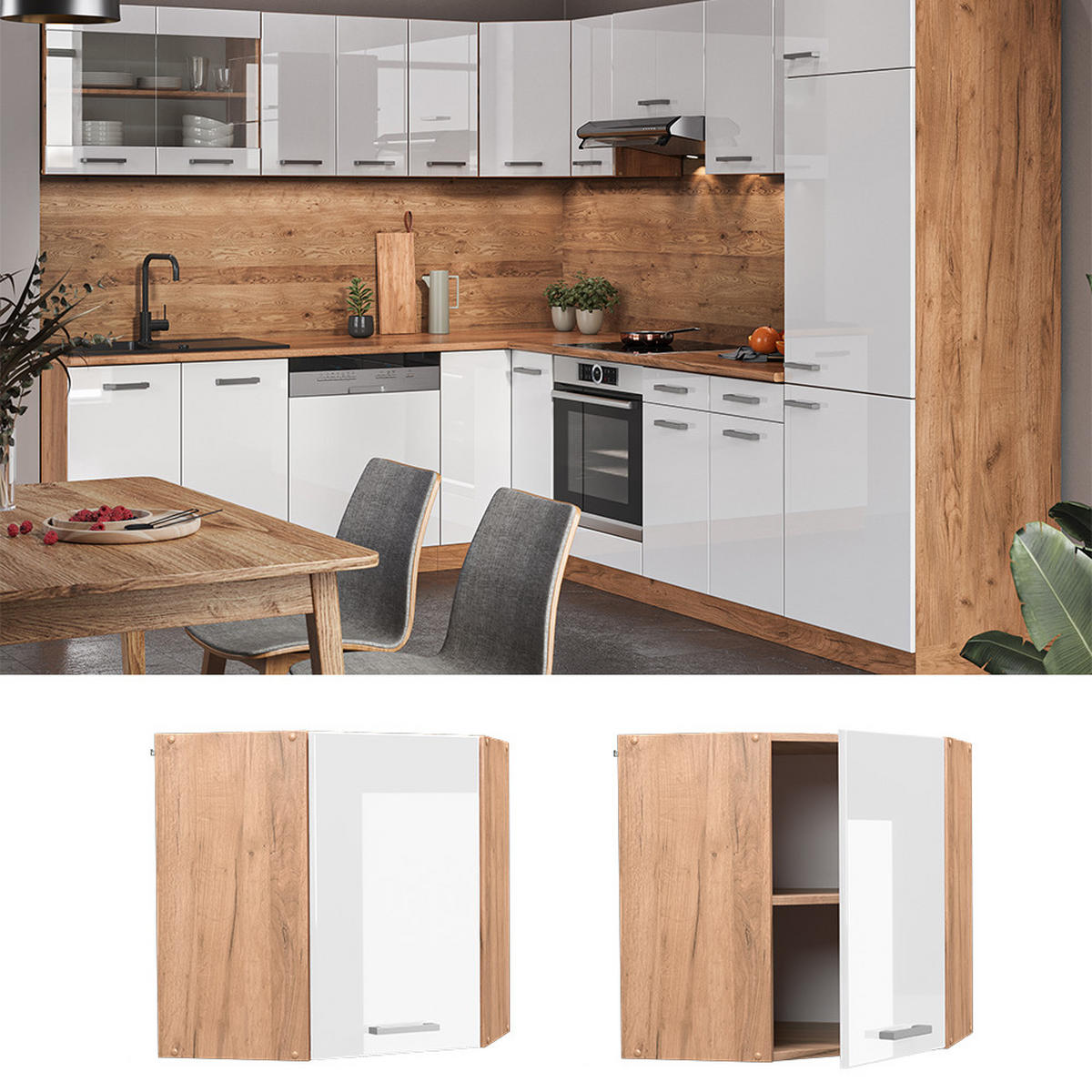 ECKHÄNGESCHRANK R-Line Weiß Hochglanz 57 cm - Honigeiche/Weiß Hochglanz, Holzwerkstoff (57/60/34.1cm) - Vicco