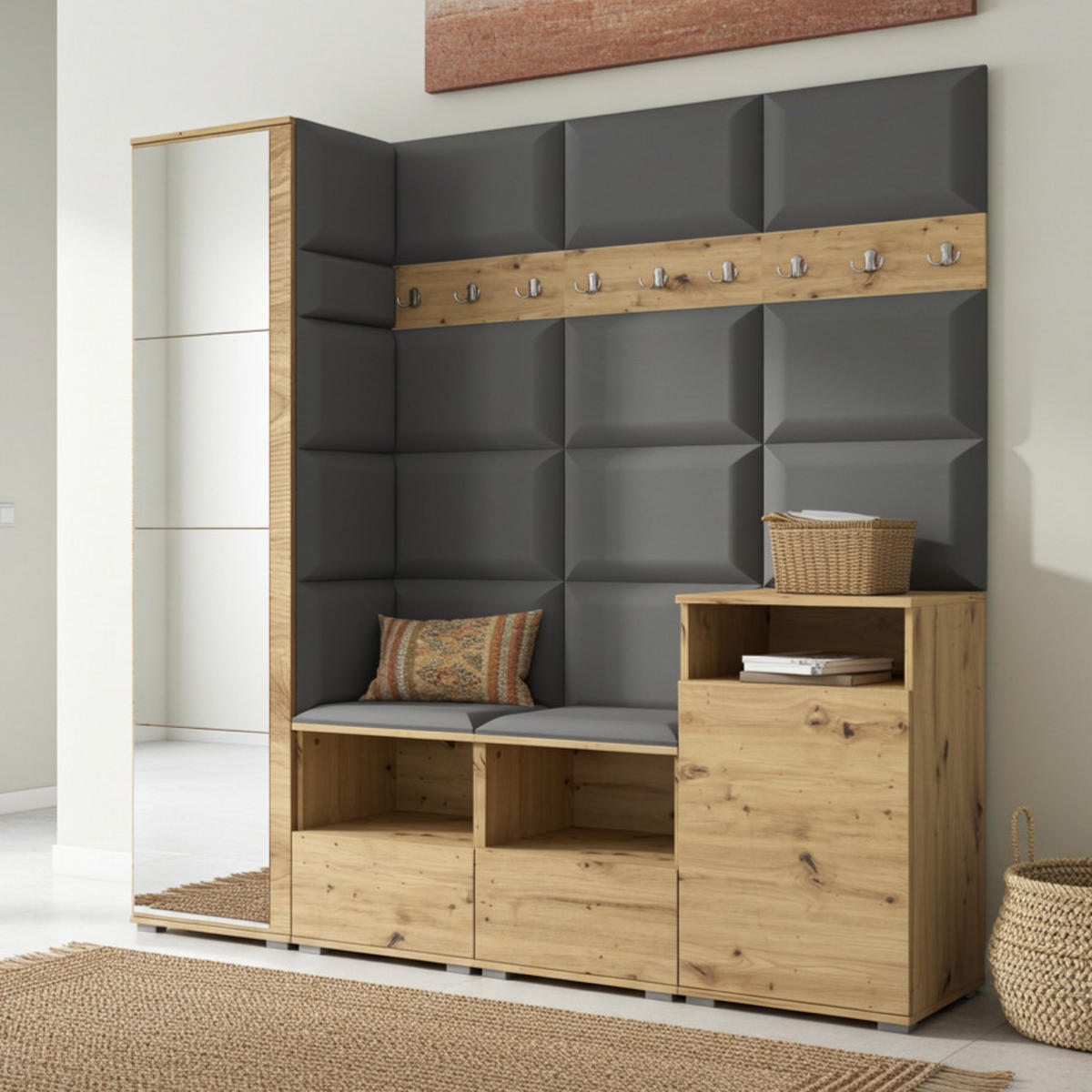 GARDEROBE NELA X 200 cm (Modulare Flurmöbel Artisan Eiche mit Spiegel & Sitzpolster Dunkelgrau 15 Schrank + Sideboard) - Dunkelgrau/Silberfarben, Holz/Holzwerkstoff (200/187/40cm) - Ravio