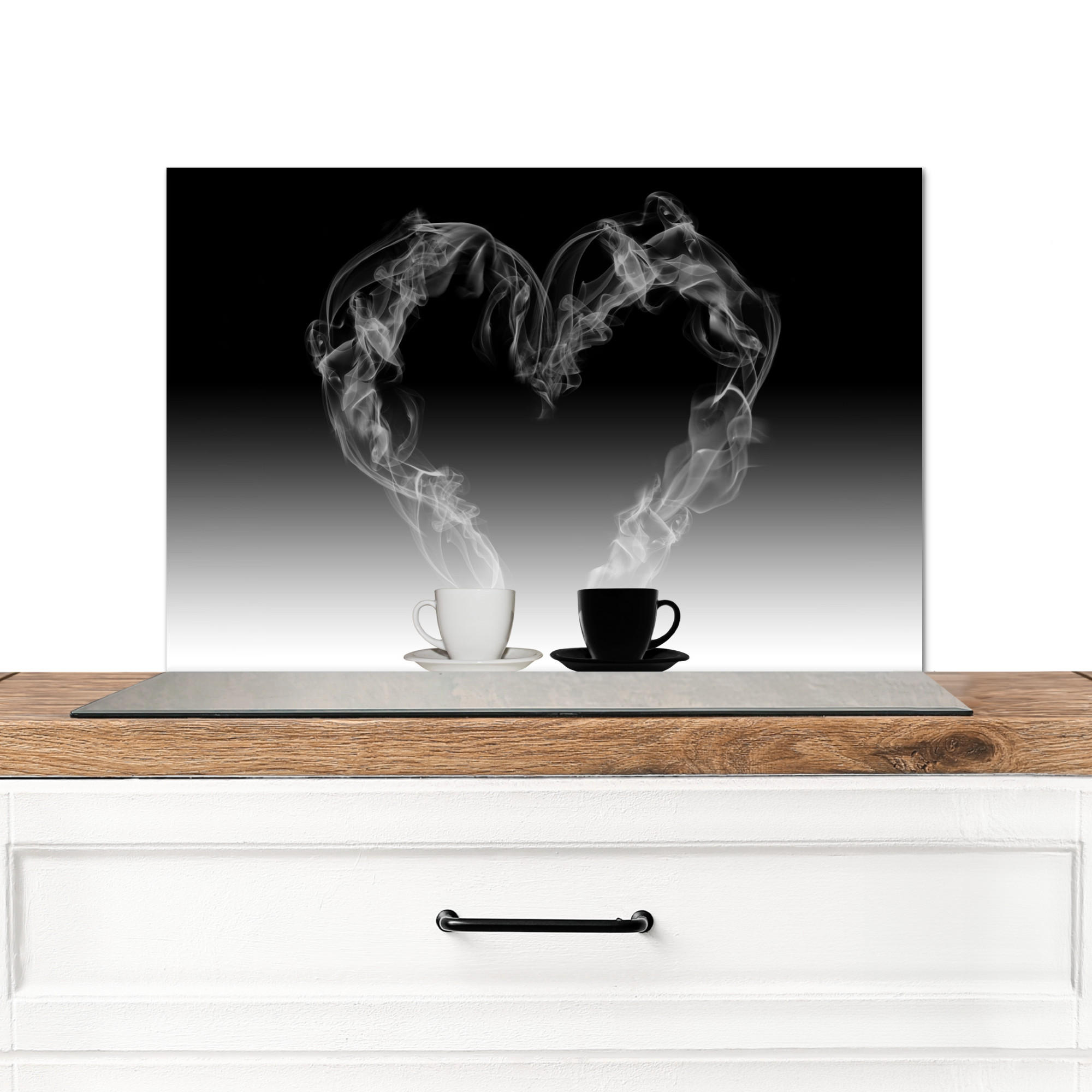 SPRITZSCHUTZ KÜCHE Kaffee - Herz - Schwarz und weiß - Tassen 70x50 cm - Weiß, Metall (70/0.3/50cm) - MuchoWow