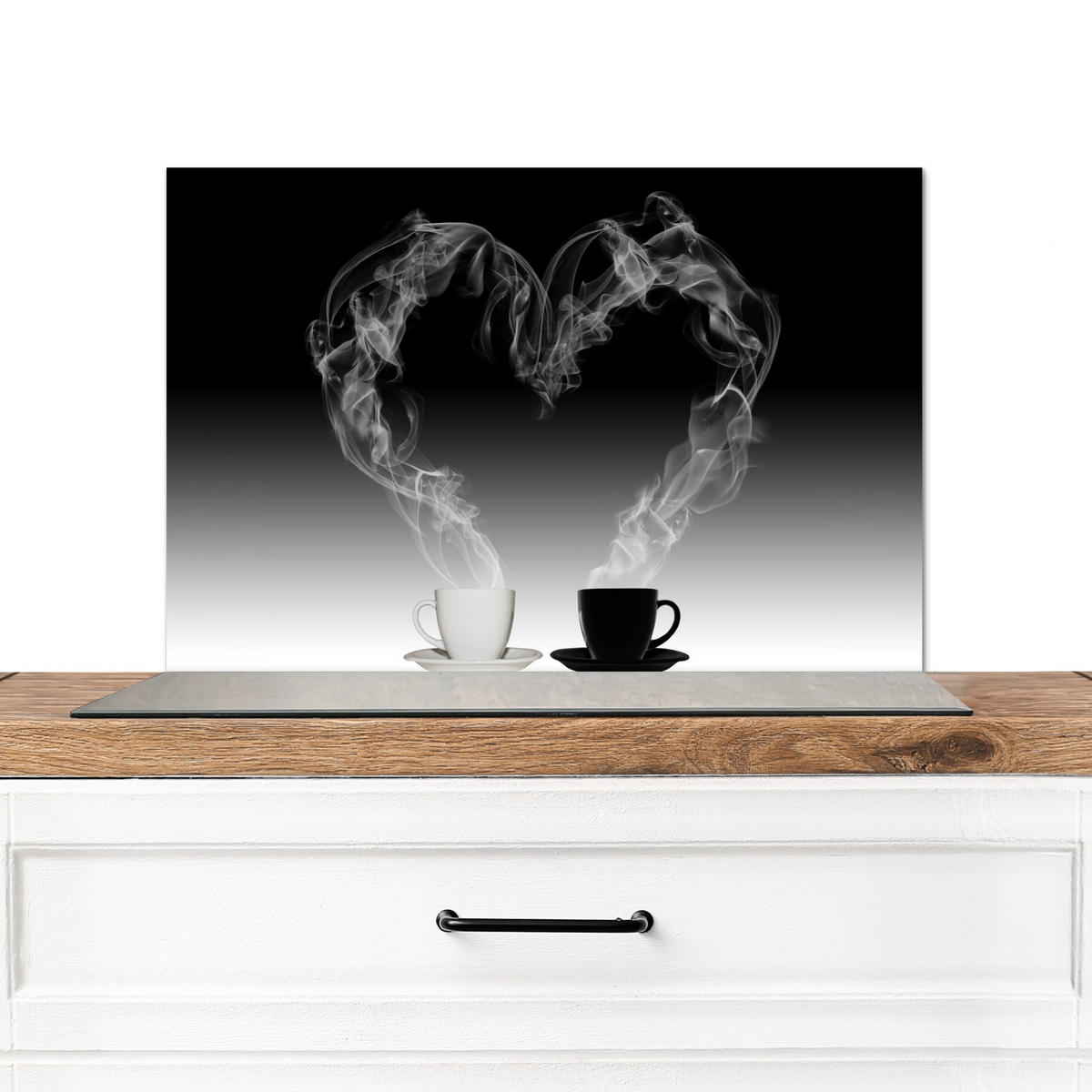 SPRITZSCHUTZ KÜCHE Kaffee - Herz - Schwarz und weiß - Tassen 70x50 cm - Weiß, Metall (70/0.3/50cm) - MuchoWow