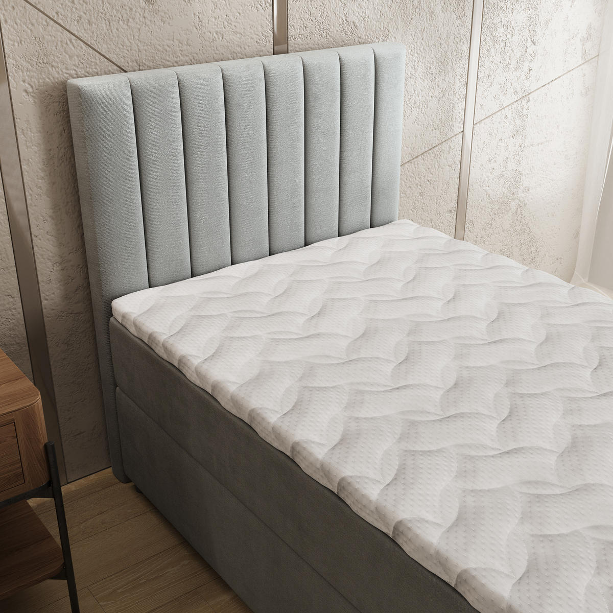 BOXBETT BRESEL 80 80x200 cm mit Matratze und Topper, H2+H3 - Hellgrau - Hellgrau, Holz (80/200cm) - MASSENO