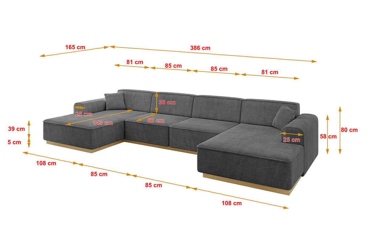 WOHNLANDSCHAFT IREA-U2-v2 - 386x165x80 cm Duneklgrau - Dunkelgrau, Holzwerkstoff/Textil (386/80/165cm) - ALTDECOR