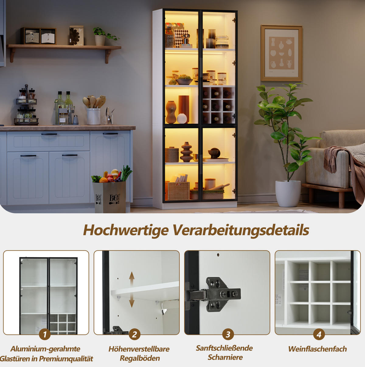 VITRINE 80/35/200 cm aus Spanplatte mit Glastüren, Weinfach und LED-Beleuchtung Weiß - Weiß, Holzwerkstoff (80/200/35cm) - Modenvie