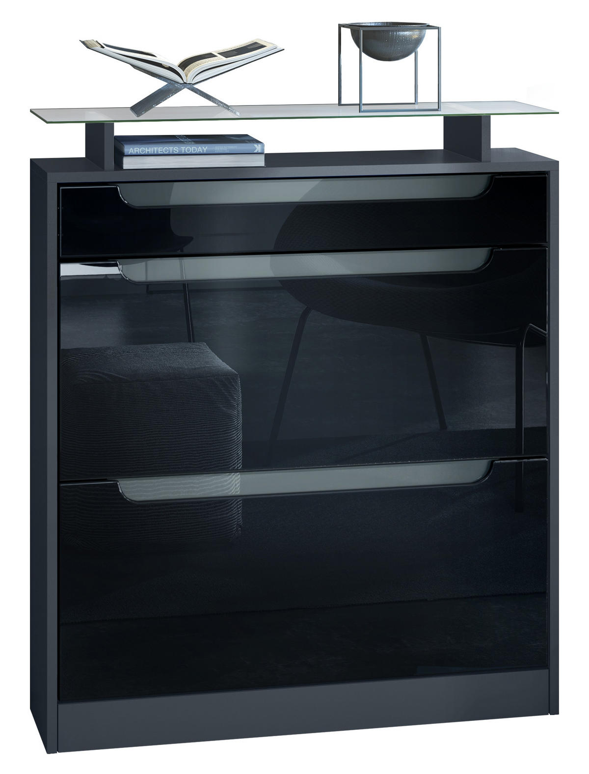 SCHUHSCHRANK Fiesta Fronten in Schwarz Hochglanz, Griffmulden in Grau Hochglanz - Schwarz Hochglanz, Holzwerkstoff (89/104/23cm) - Vladon