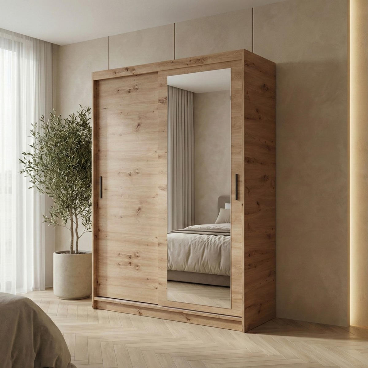 SCHWEBETÜRENSCHRANK Hela 120/205/60 2-türig eiche Artisan mit Schubladen - Eiche Artisan, Holzwerkstoff (120/205/60cm) - Beautysofa