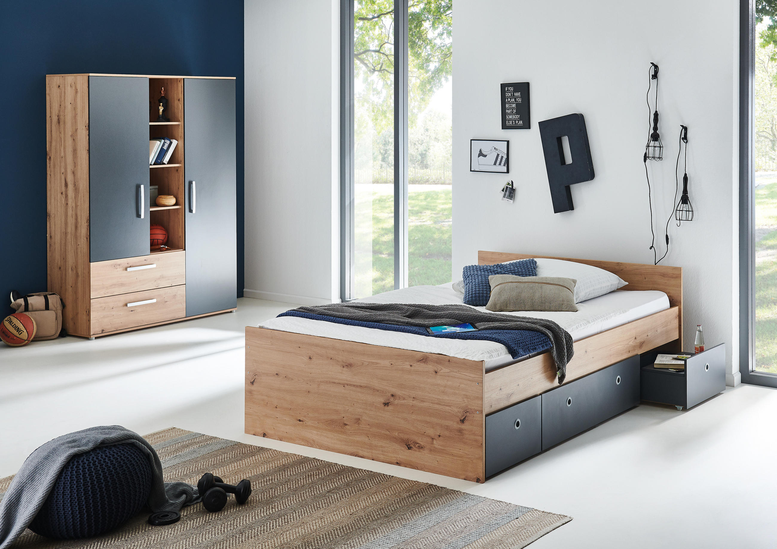 JUGENDZIMMER SET 3-tlg. Bett Kleiderschrank Bettkästen - Anthrazit/Silberfarben, Holzwerkstoff/Kunststoff (1/1/1cm) - arthur berndt