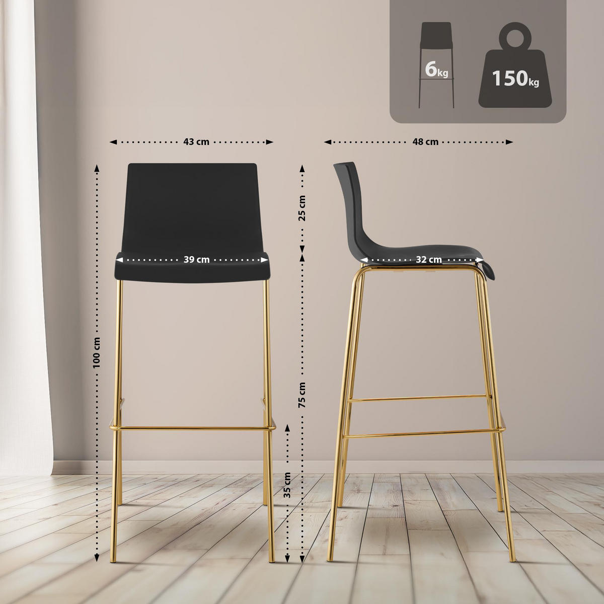 BARHOCKER 2er Set Kunststoff Schwarz - Goldfarben/Schwarz, Kunststoff/Metall (43/100/48cm) - CLP