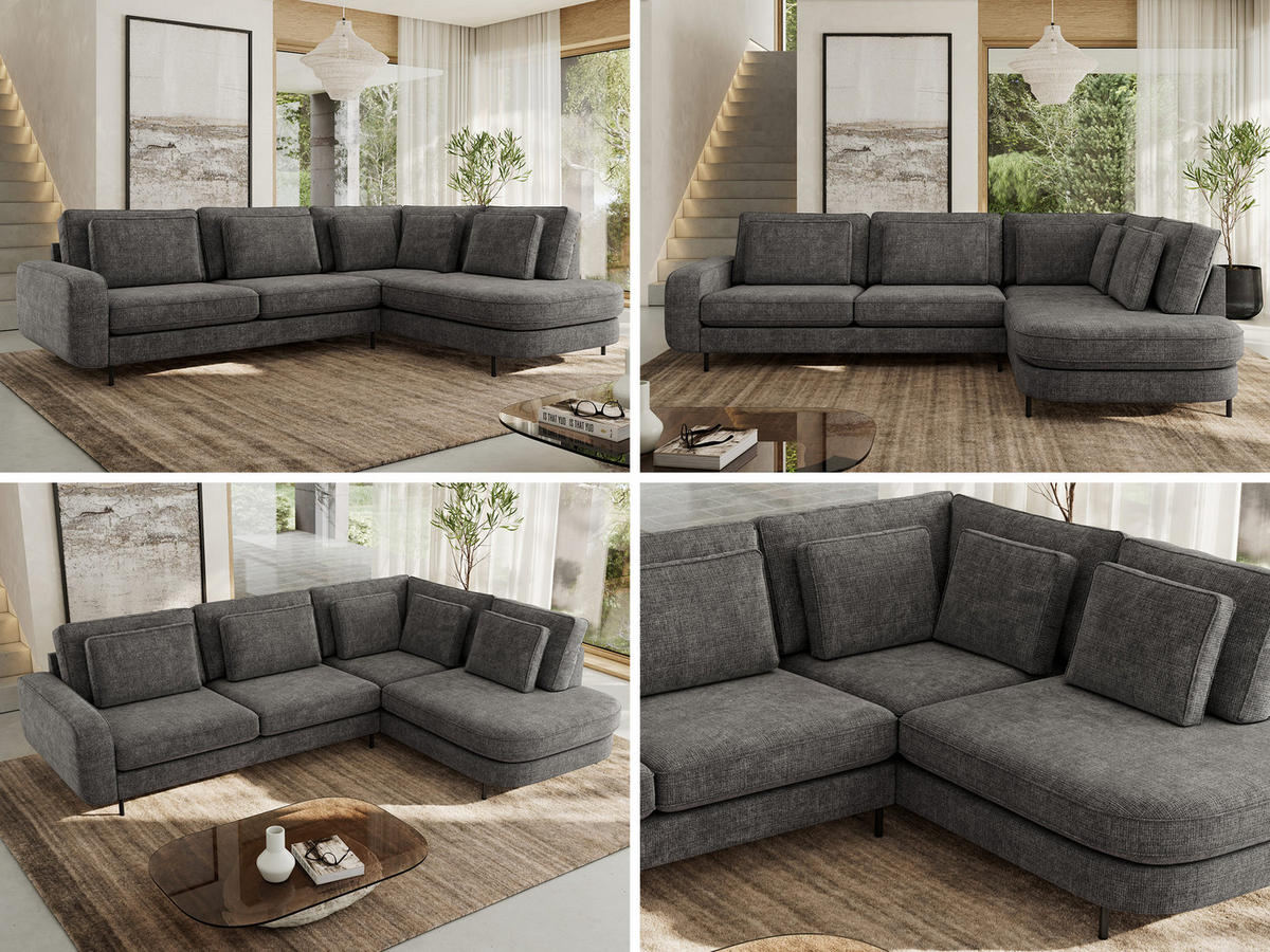 ROHOVÁ SEDAČKA CALENO L - Šedá hladký senil - Levá Strana - černá/tmavě šedá, kov/textil (317/225cm) - MKS