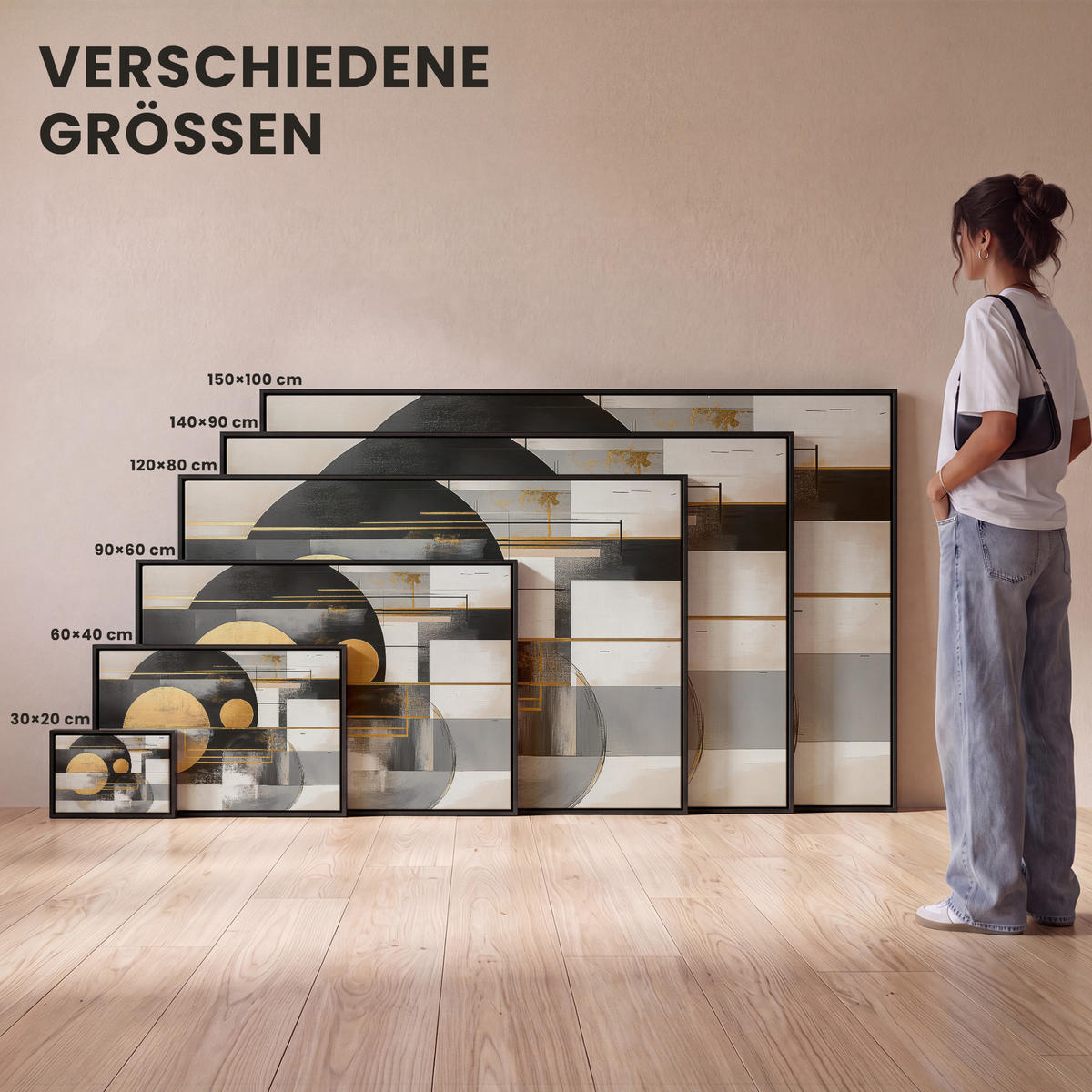 LEINWAND Bilder mit Rahmen - Abstrakt - Gold - Silber - Formen - Ästhetisch - Modern - 30x20 - Goldfarben, Textil (30/20cm) - MuchoWow