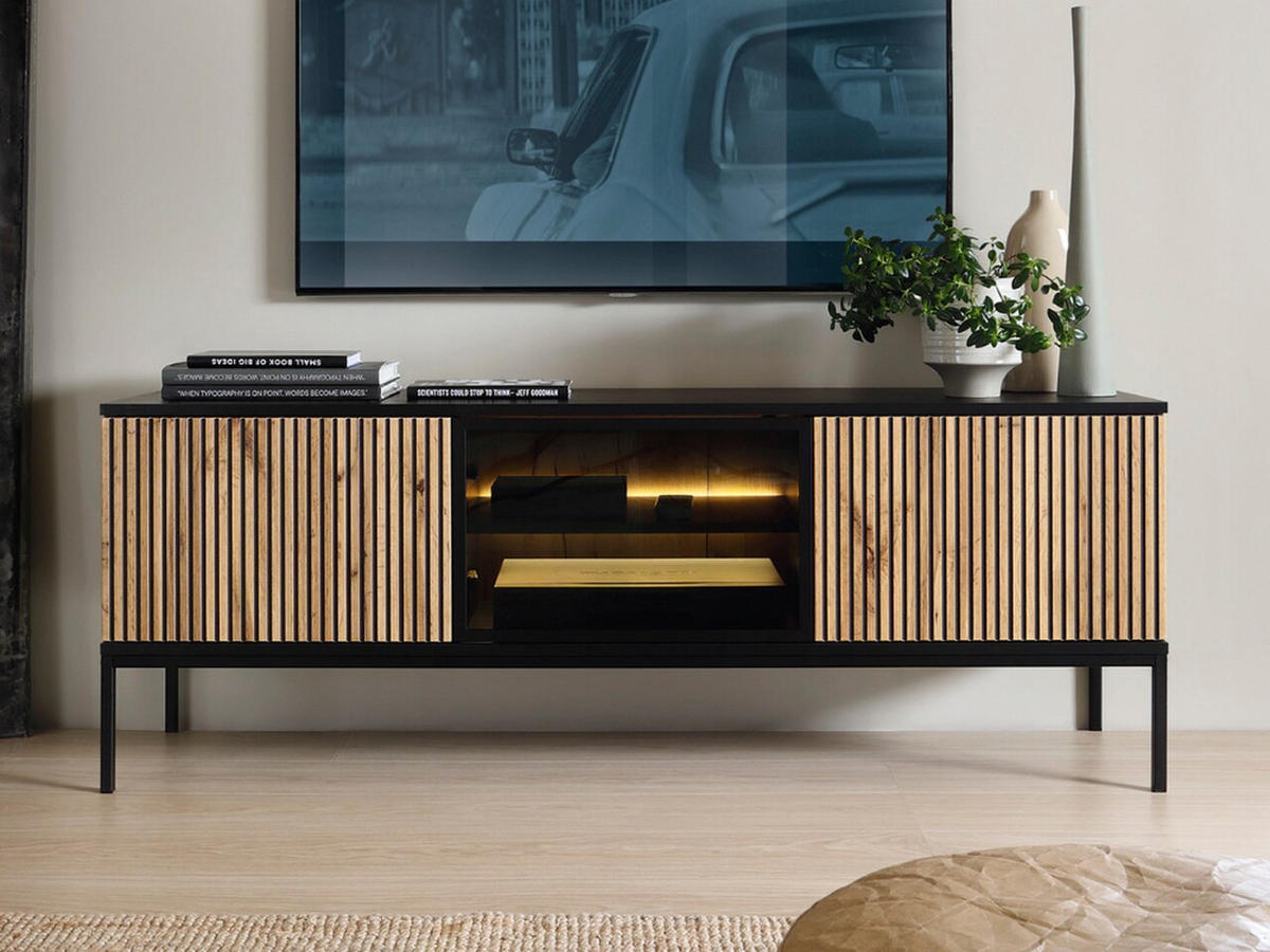 TV-SCHRANK Graphit, Wotan Eichefarben 154 cm Deo - Eiche Wotan/Schwarz, Naturmaterialien/Glas (154/56/39cm) - Graingold