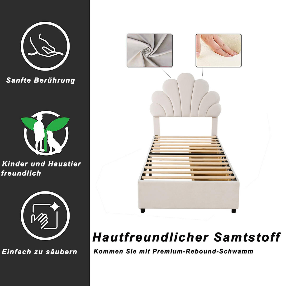 POLSTERBETT 90/200 cm Beige aus Samt mit 2 Schubladen - Beige, Textil (90/200cm) - OKMYHOME