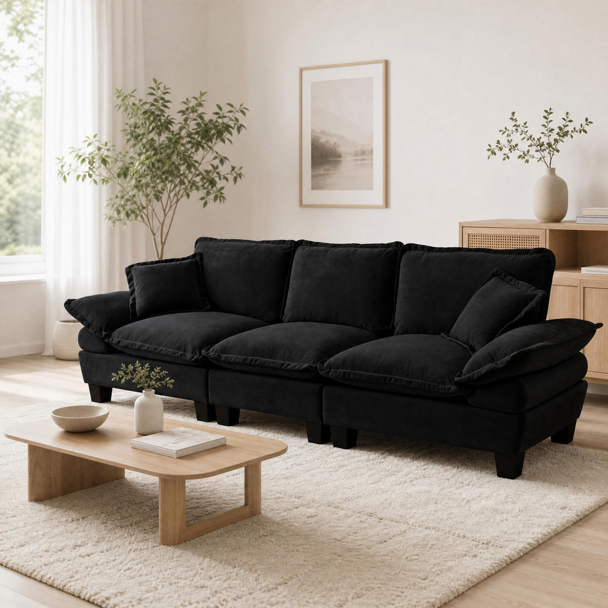 3-SITZER Sofa aus Chenille Schwarz 264x85x90 cm, 3-Sitzer mit abnehmbaren Armlehnen - Schwarz, Textil (264/90/85cm) - IVMEU