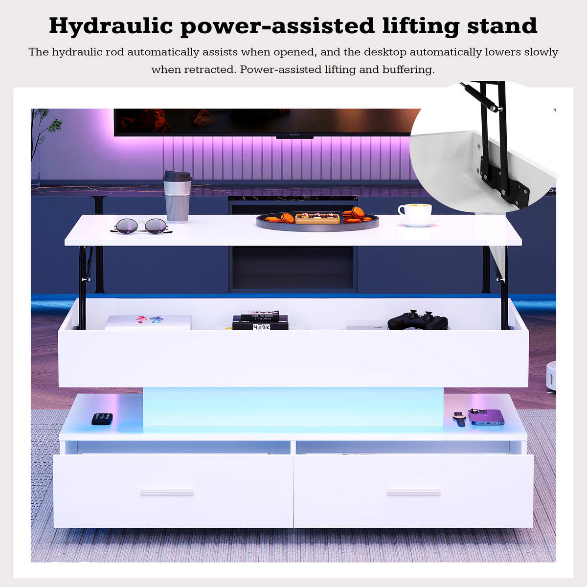 COUCHTISCH DE-163 Hydraulisch Höhenverstellbar Weiß - Weiß, Holzwerkstoff (50/100/44cm) - ComfortXL