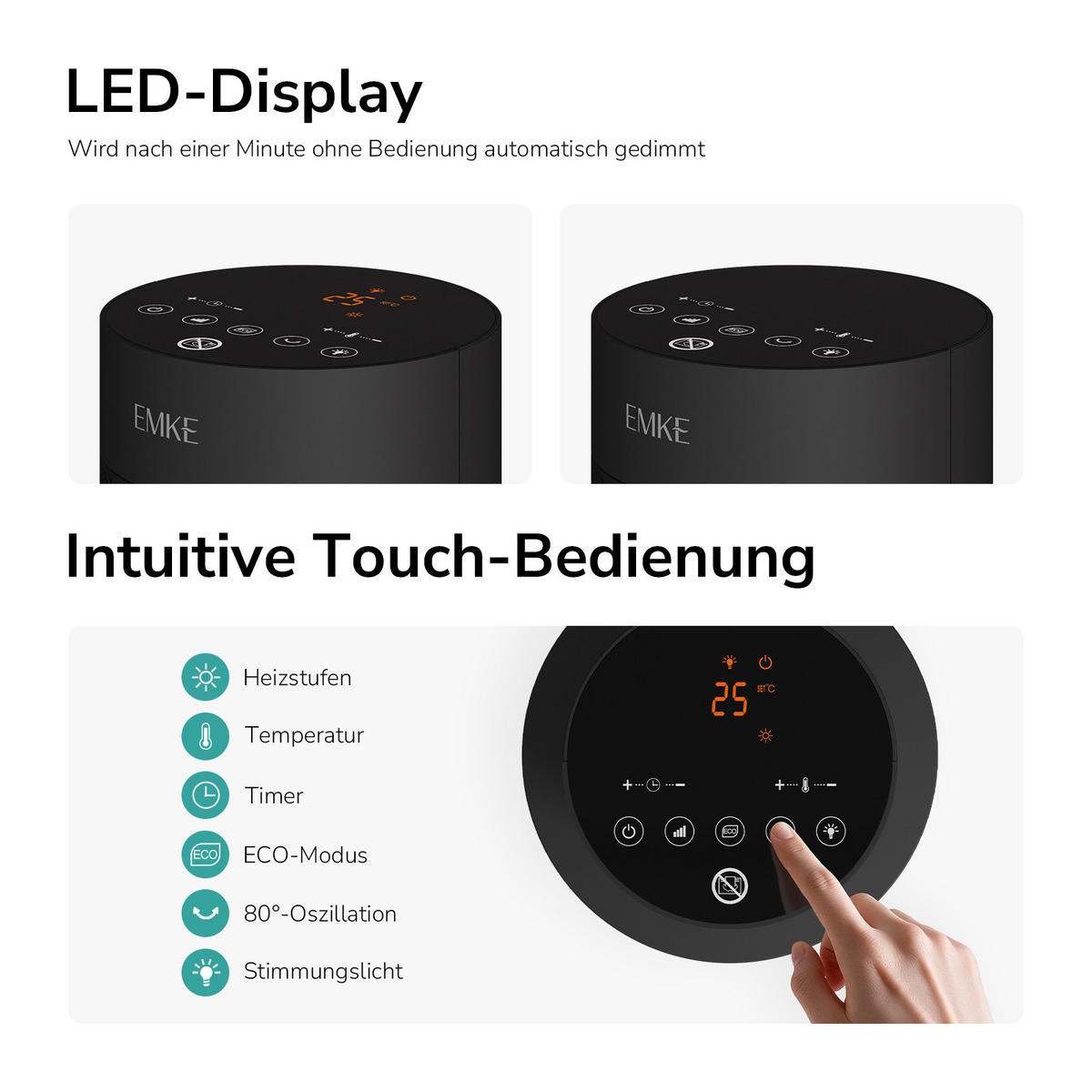 HEIZLÜFTER 83 x 26 cm, LED-Anzeige, Fernbedienung, Schwarz matt - Schwarz, Kunststoff (26/26cm) - EMKE