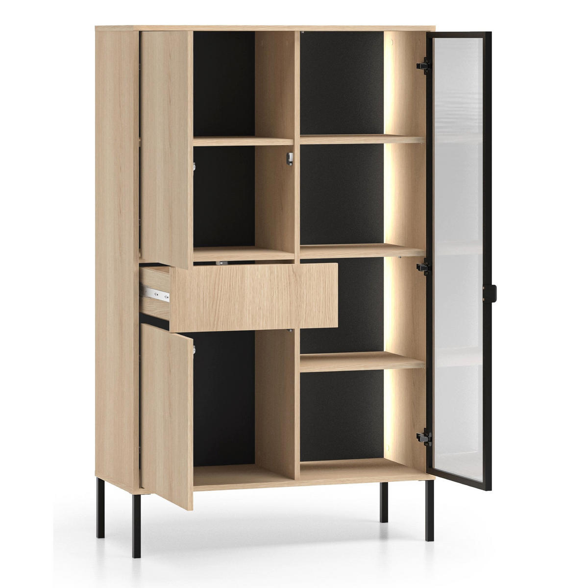 VITRINE Barnee 3-türig Eichenoptik, 92 cm - Beige/Schwarz, Holzwerkstoff/Metall (150/91.6/40cm) - Selsey
