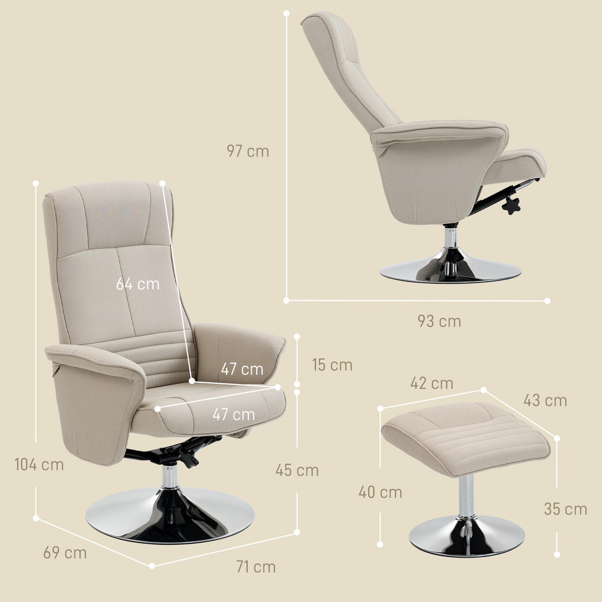 RELAXSESSEL DE-17420 135° neigbar, 360° drehbar mit Fußstütze Beige - Beige, Metall (71/104/69cm) - ComfortXL