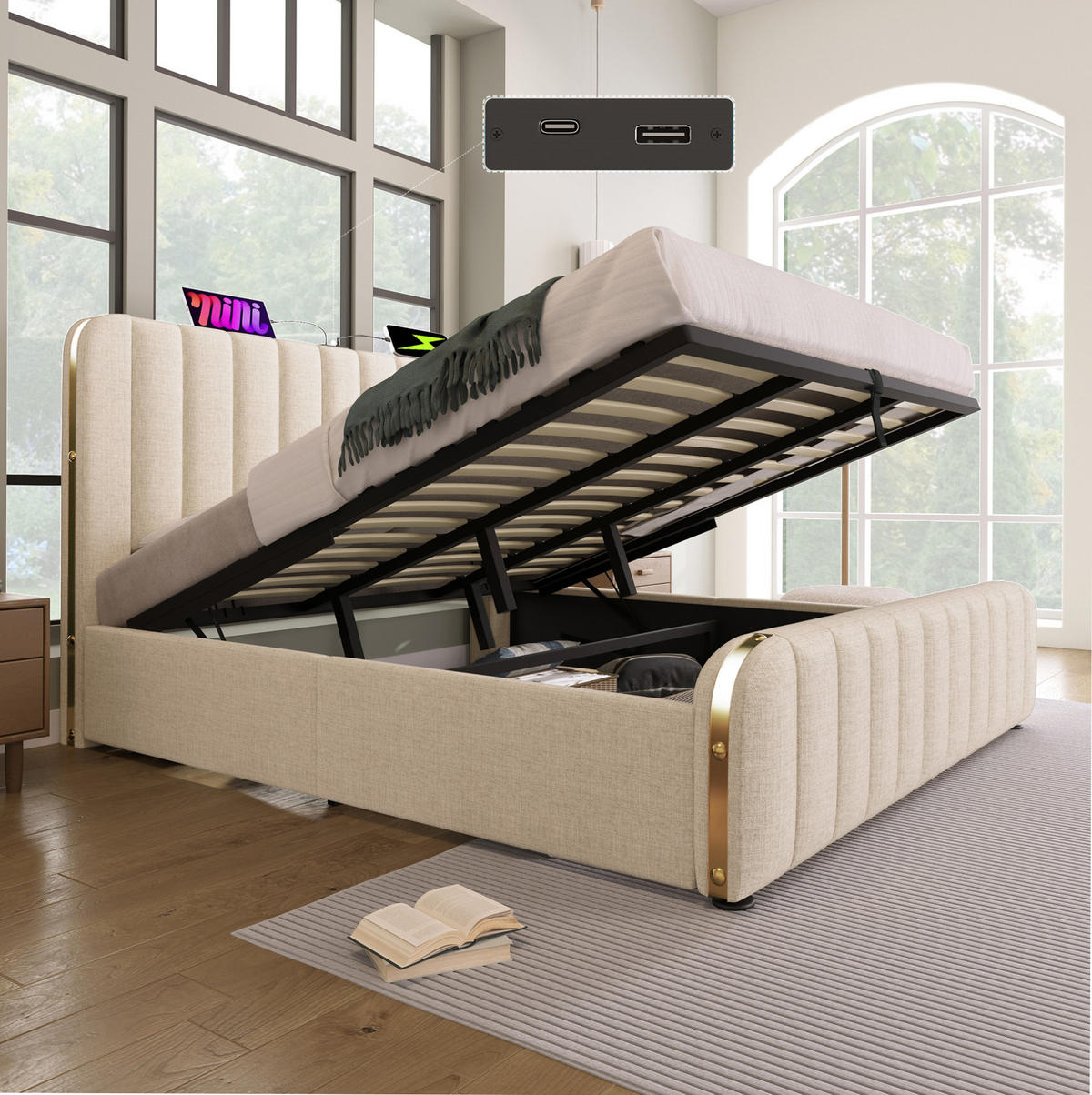 POLSTERBETT aus Leinen 180x200 cm in Beige mit USB-C-Ladefunktion & Stauraum - Beige, Textil (180/200cm) - Modfu