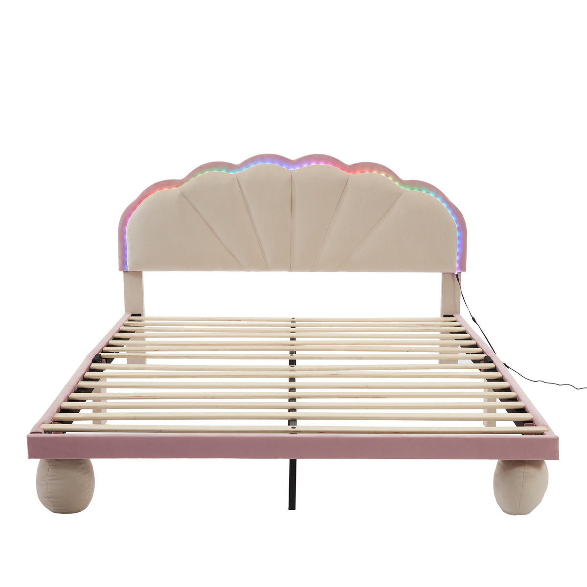 POLSTERBETT 140/200 cm DE-04351, mit LED-Lichtstreifen, Wellenschliff-Kopfteil und Samtbezug, in Beige - Beige, Holzwerkstoff/Metall (140/200cm) - ComfortXL