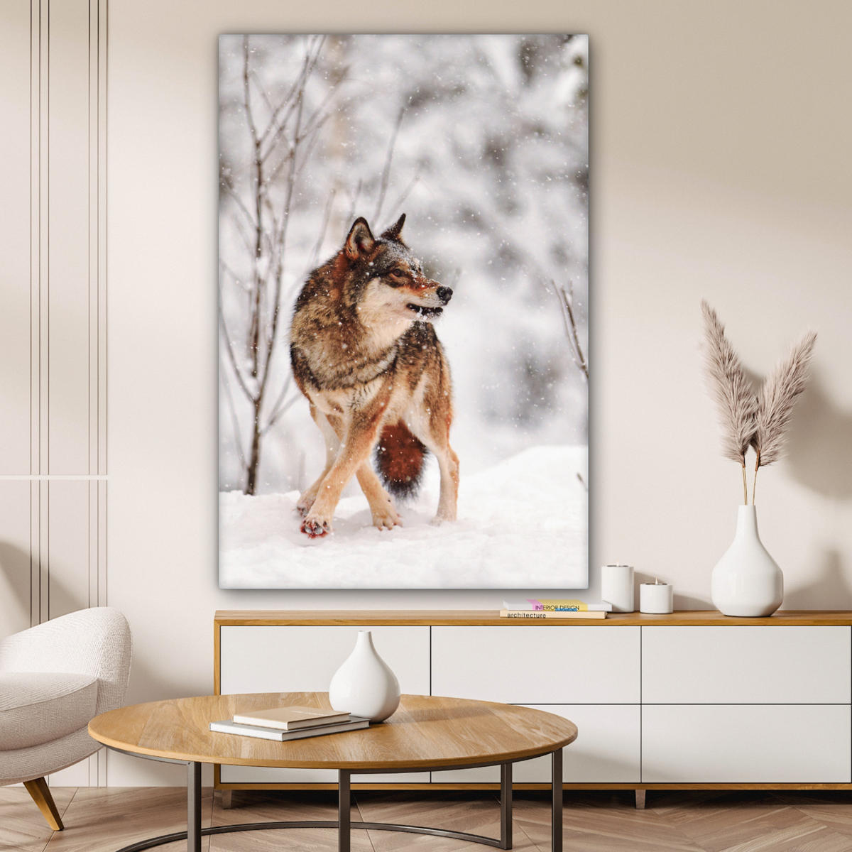 LEINWANDBILD Wolf - Winter - Schnee - Natur - Tiere 80x120 cm - Haselnussfarben, Textil (80/120cm) - MuchoWow