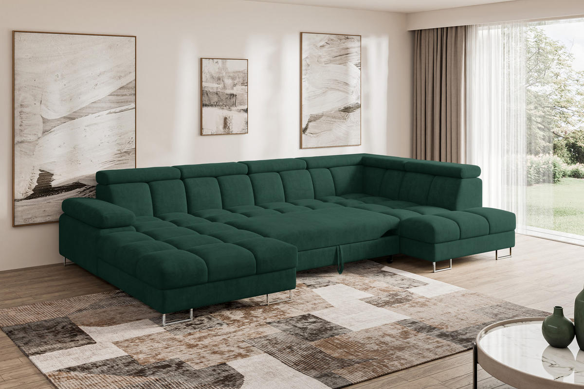 WOHNLANDSCHAFT mit Schlaffunktion und Bettkasten Ottomane RECHTS COMA U 345x203x79 Grün Velours - Grün, Holzwerkstoff/Textil (203/79/345cm) - ALTDECOR