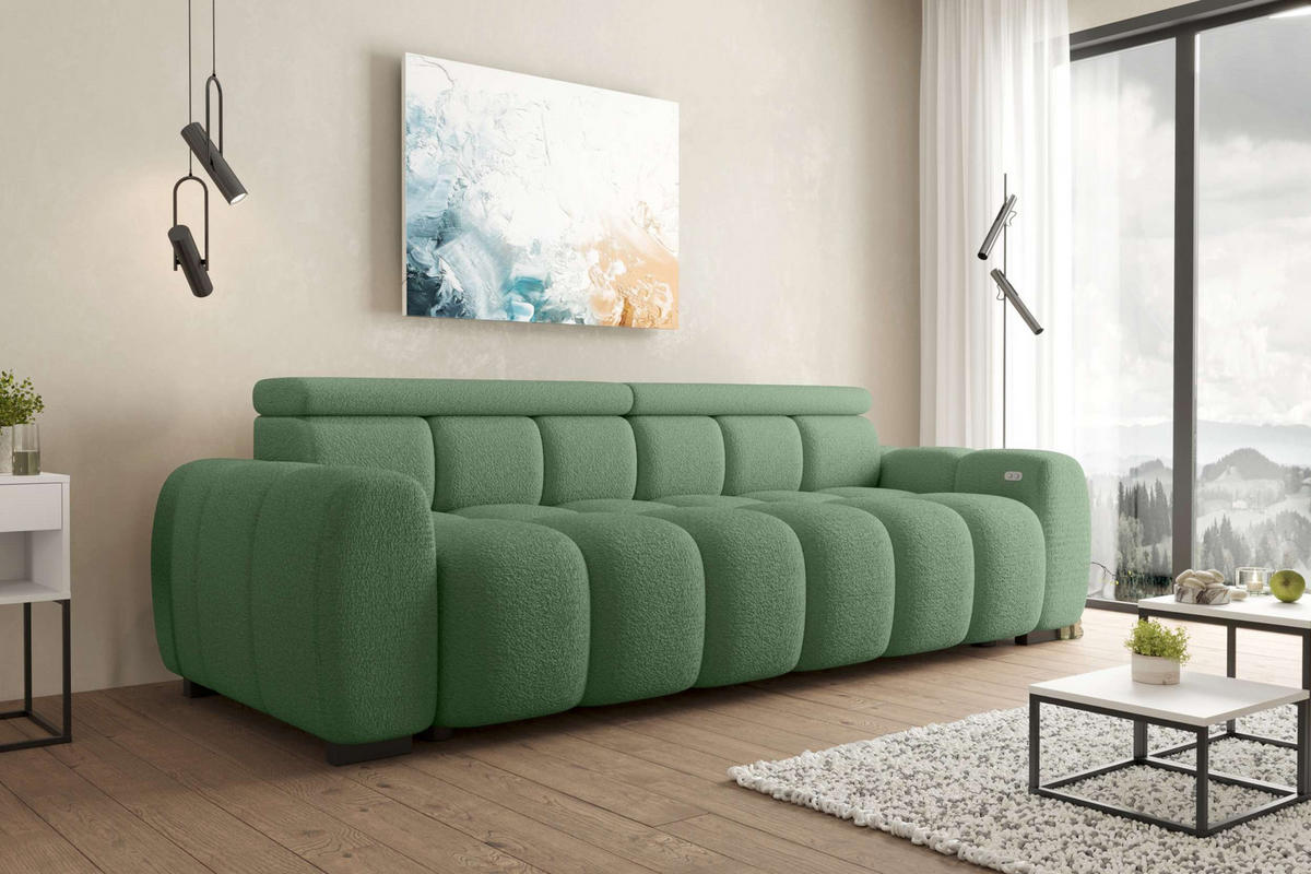 BIGSOFA ALESSIO Bouclé-Stoff Mintgrün mit elektrischer Sitztiefenverstellung - Mintgrün, Kunststoff/Textil (248/77/108cm) - 99rooms