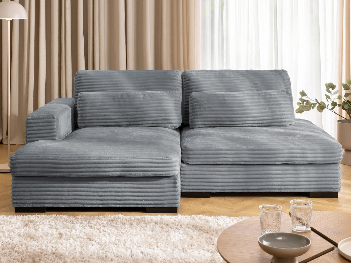 ECKSOFA Wolke mit tiefer Sitzfläche, Schlaffunktion und praktischem Bettkasten aus weichem Grau Cordstoff - Schwarz/Grau, Holz/Kunststoff (162/225cm) - S-Style