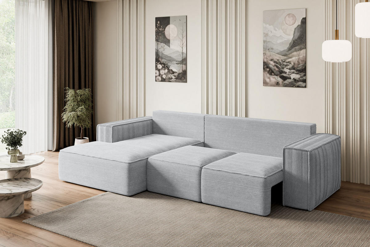 ECKSOFA mit Schlaffunktion und Bettkasten SERRA-L-S - 266x161x87 cm Grau Cord - Schwarz/Grau, Holzwerkstoff/Kunststoff (266/161cm) - ALTDECOR