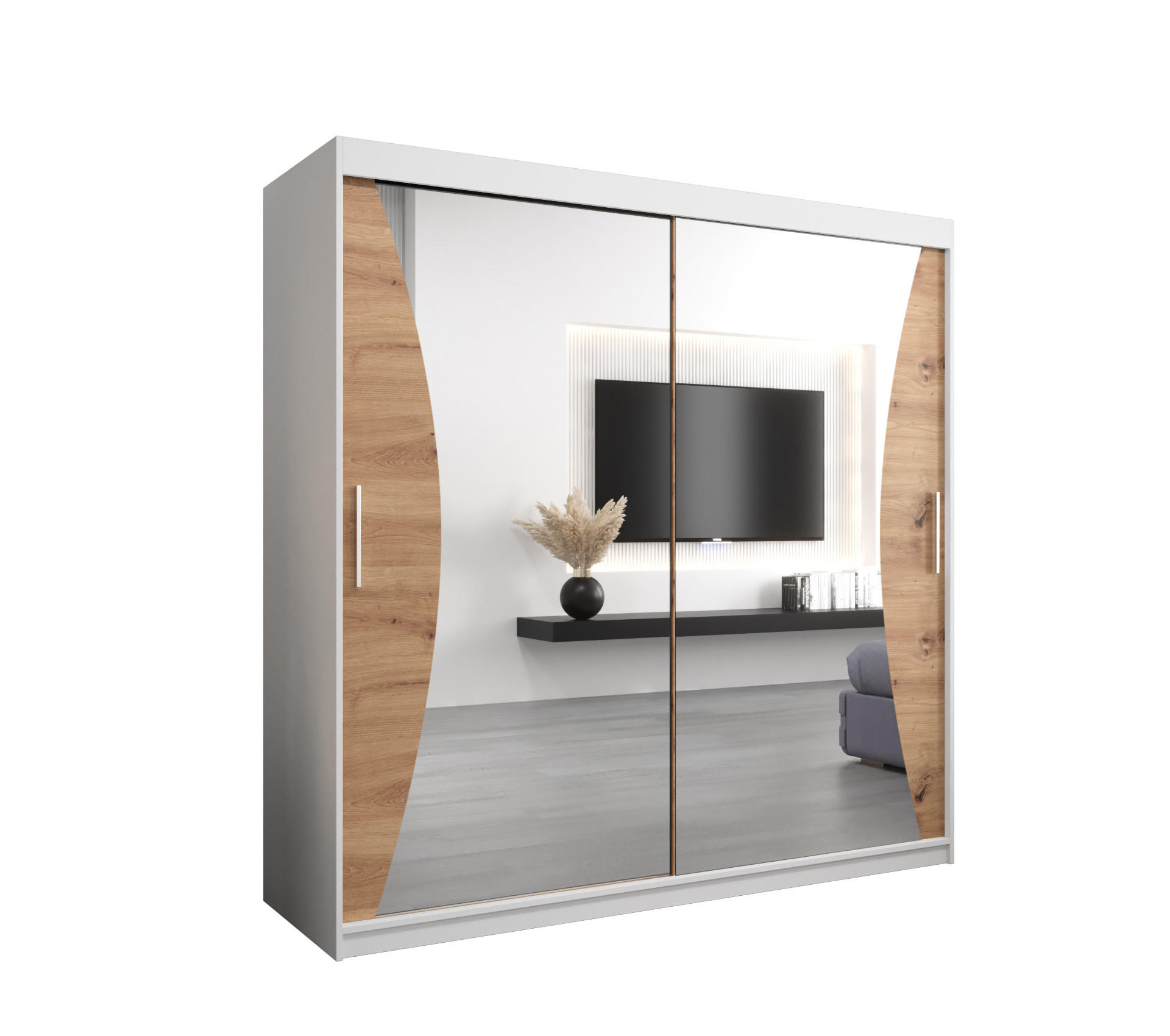 Abiks Möbel Schwebetürenschrank Weiß, Eiche Artisan 200x200x62 cm