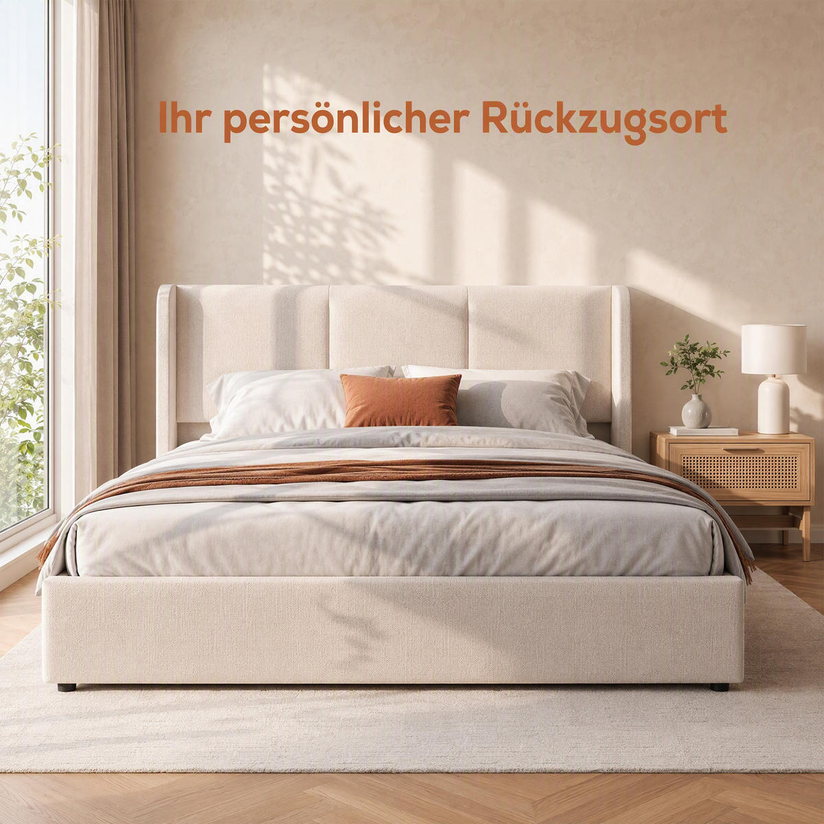 POLSTERBETT 160x200 cm mit Bettkasten und gepolstertem Kopfteil, Lattenrost mit Stauraum, Leinenbezug in Beige - Beige, Holz/Textil (160/200cm) - GENKI LIVING