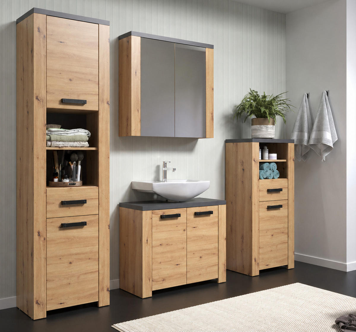 WASCHBECKENUNTERSCHRANK Eiche Artisan, grau 79 x 67 cm, Badezimmer Unterschrank 2-türig - Eichefarben/Schwarz, Holzwerkstoff/Kunststoff (35/67/79cm) - Top.Furn